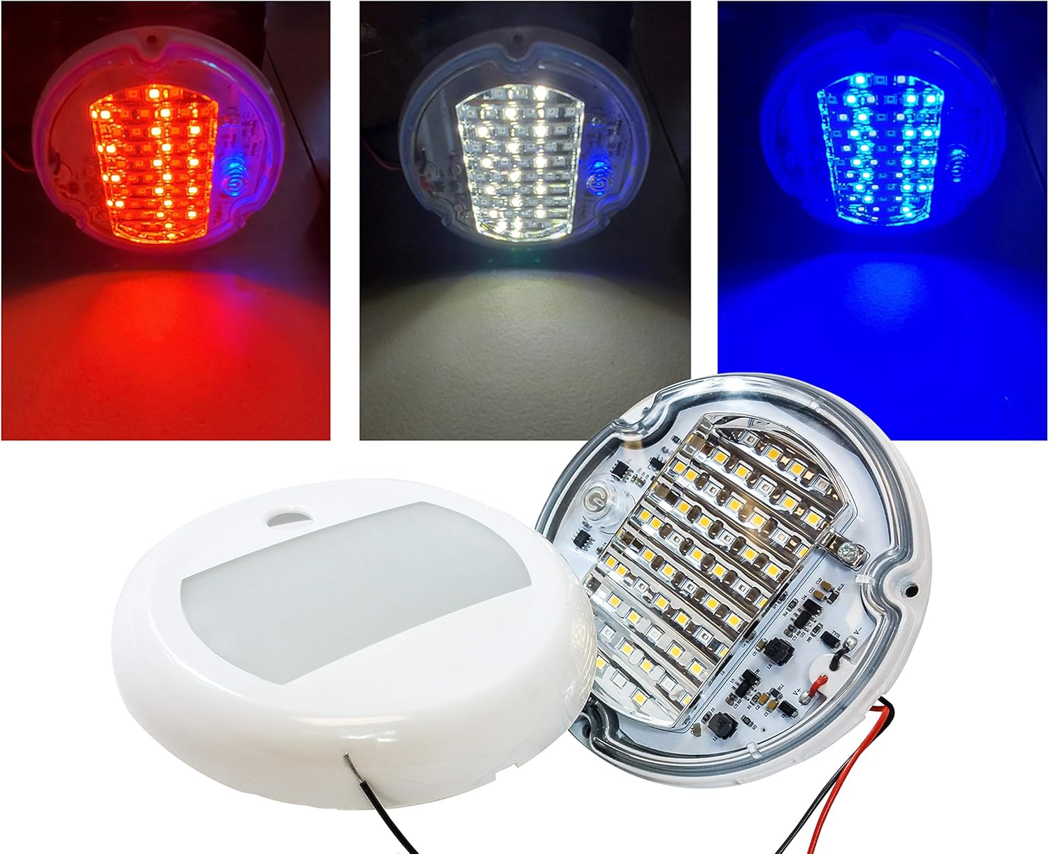 OZ-USA 5" Round Red White Blue LED Color Changing Dome Light Touch Sensor Switch Lighting Fixture Interior Exterior Marine RV Truck Boat Wheelhouse Trailer 12v 24v