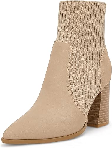 Ermonn Botines de tacón alto con punta puntiaguda para mujer, con cremallera, tacón grueso, tejido elástico, para otoño e invierno