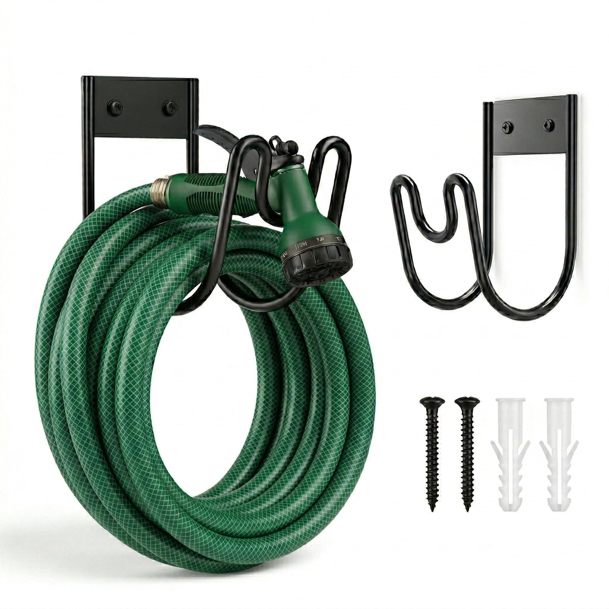 Garden Hose Holder Wall Mounted Metal Hose Pipe Hanger with Fittings - Metal Hosepipe Holder for Wall Storage - Outdoor Mounted Garden Hosepipe Hook with Fittings (Black)