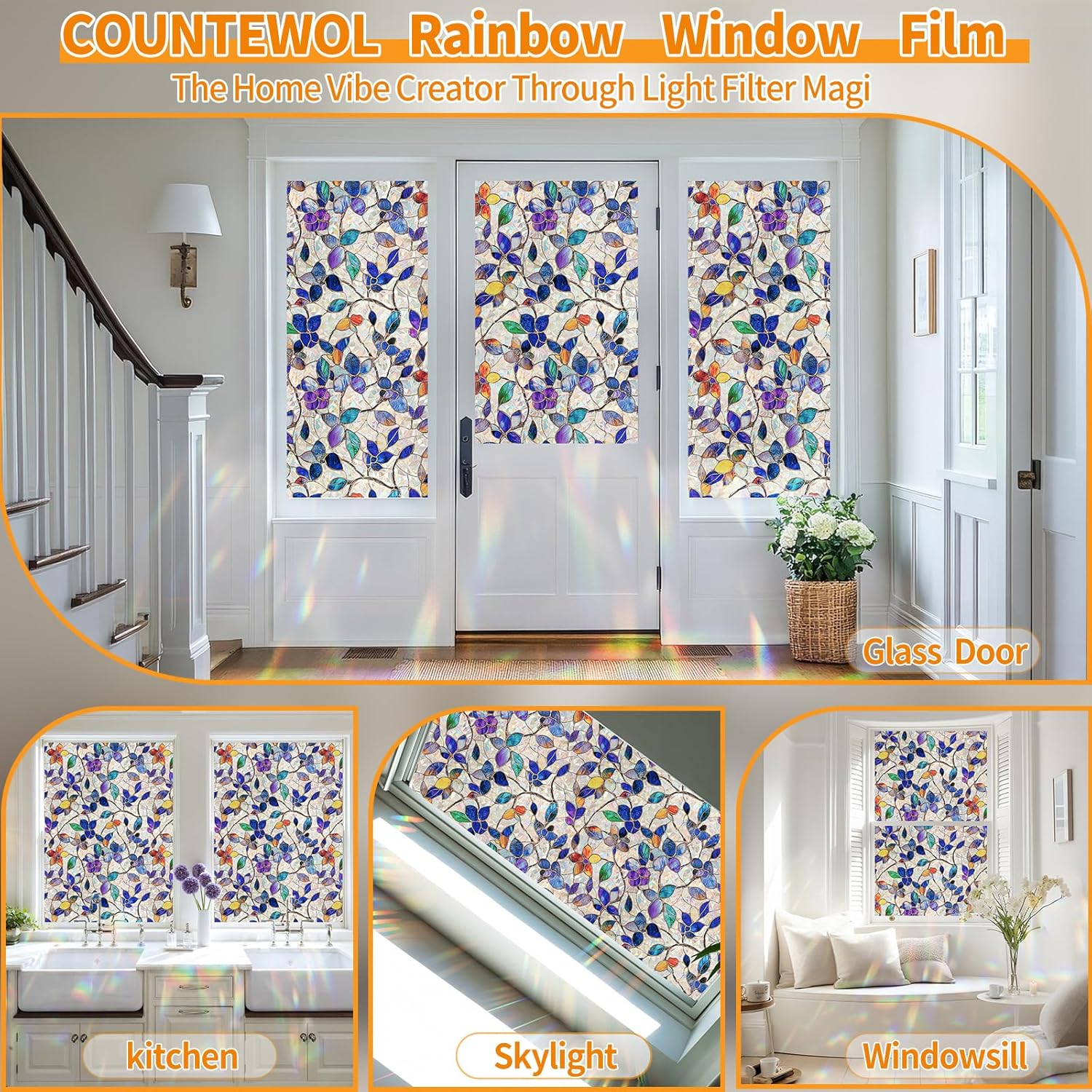 Window Privacy Film with Installation Tools Home Decorative Colored Glass Window Stickers Reusable electrostatic Rainbow Stickers (Stained Leaf, 35.4 x 157.4 in)