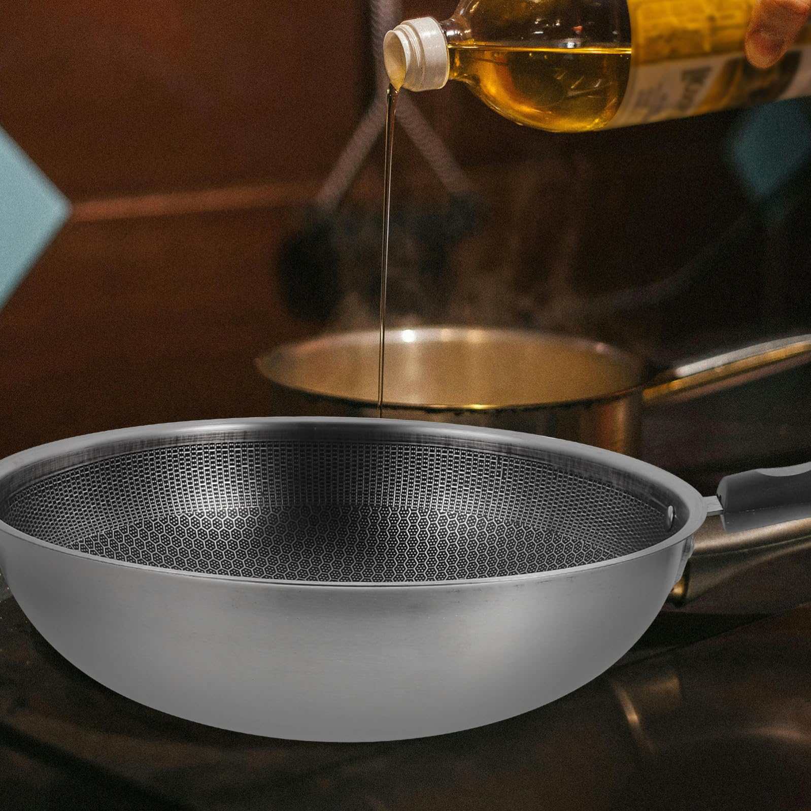 LABRIMP Padella in Acciaio Inox con Fondo Mosaico Antiaderente Tegame per Friggitrice Wok per Cucina Gas Elettrica e Induzione Tegame Singolo senza Coperchio per Frittura Stir Fry Uova