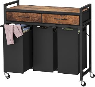 FIONESO Laundry Hamper, 2 Drawers (30L) Laundry Basket with 3 Pull-Out Laundry Bags, 3 x 8 Gallons (90L) Laundry Sorter with 2-tone Top Panel, Rolling Laundry Basket with Wheels, Rustic Brown