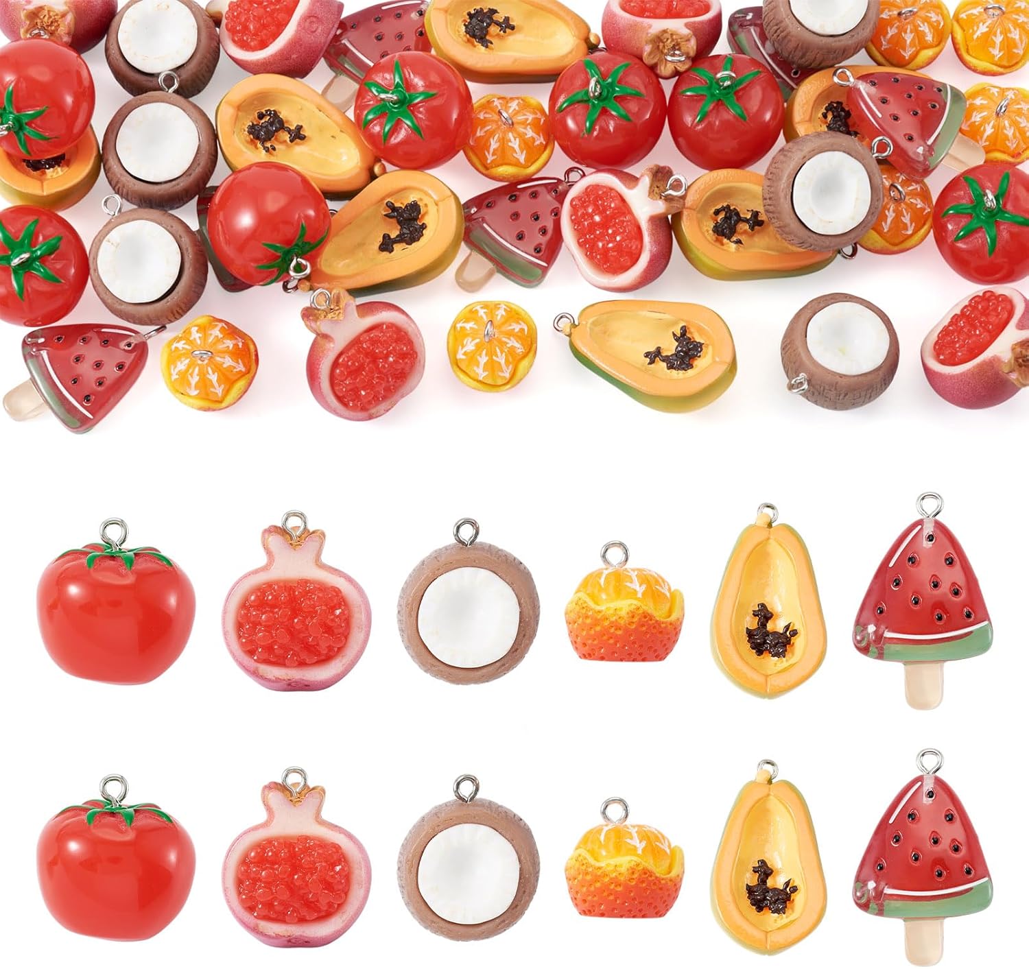 FASHEWELRY 42Pcs Resin Red Fruits Charms 3D Food Charms Cartoon Coconut Tomato Pomegranate Pawpaw Watermelon Pendants Hang Ornaments for DIY Craft Earring Bracelet Necklace Jewelry Making