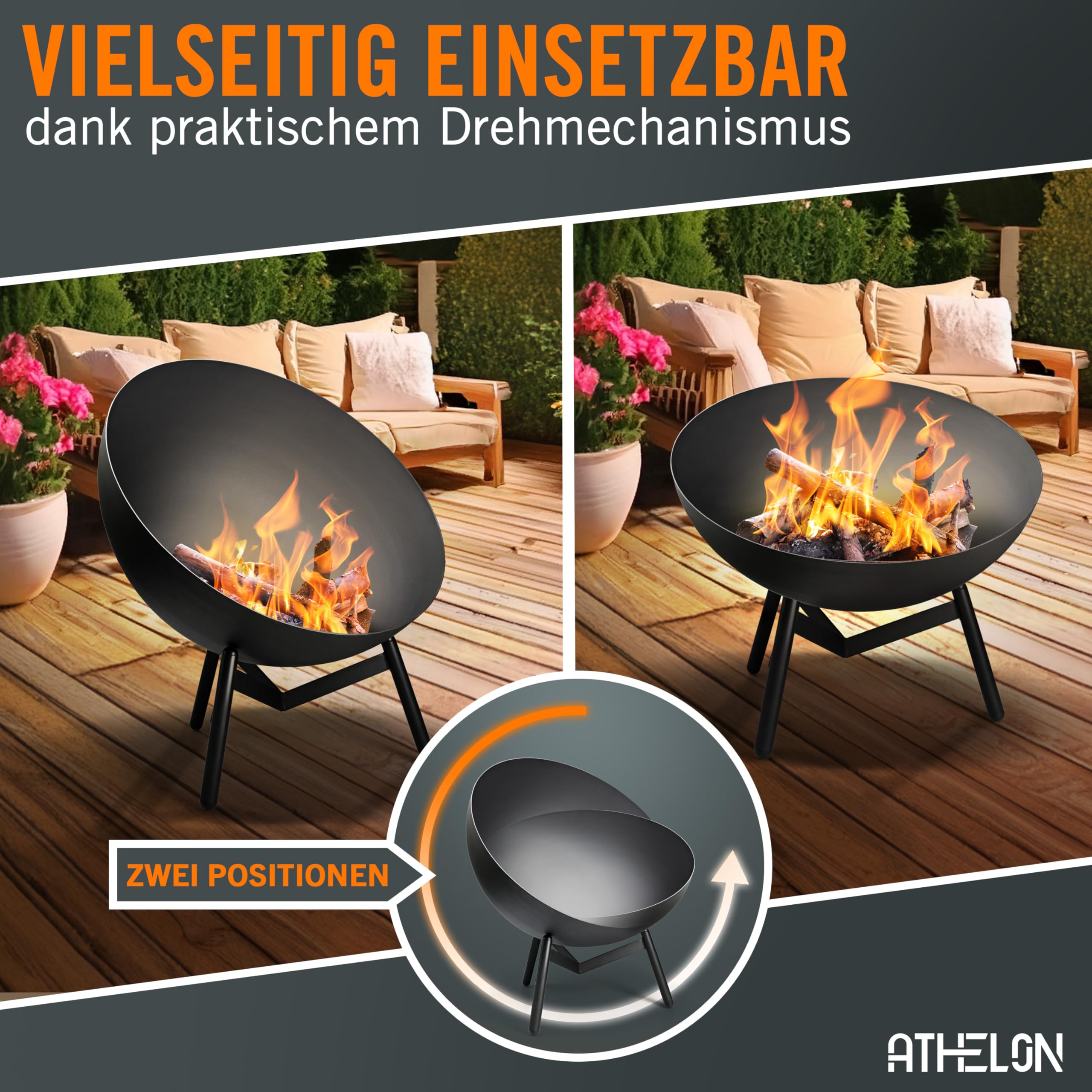 ATHELON® Feuerschale [Ø 60 cm] - wetterfeste Feuerstelle Outdoor aus Stahl für Garten, Terrasse und Balkon [mit Kipp-Mechanismus] - inkl. Zubehör & Abdeckung, schwarz