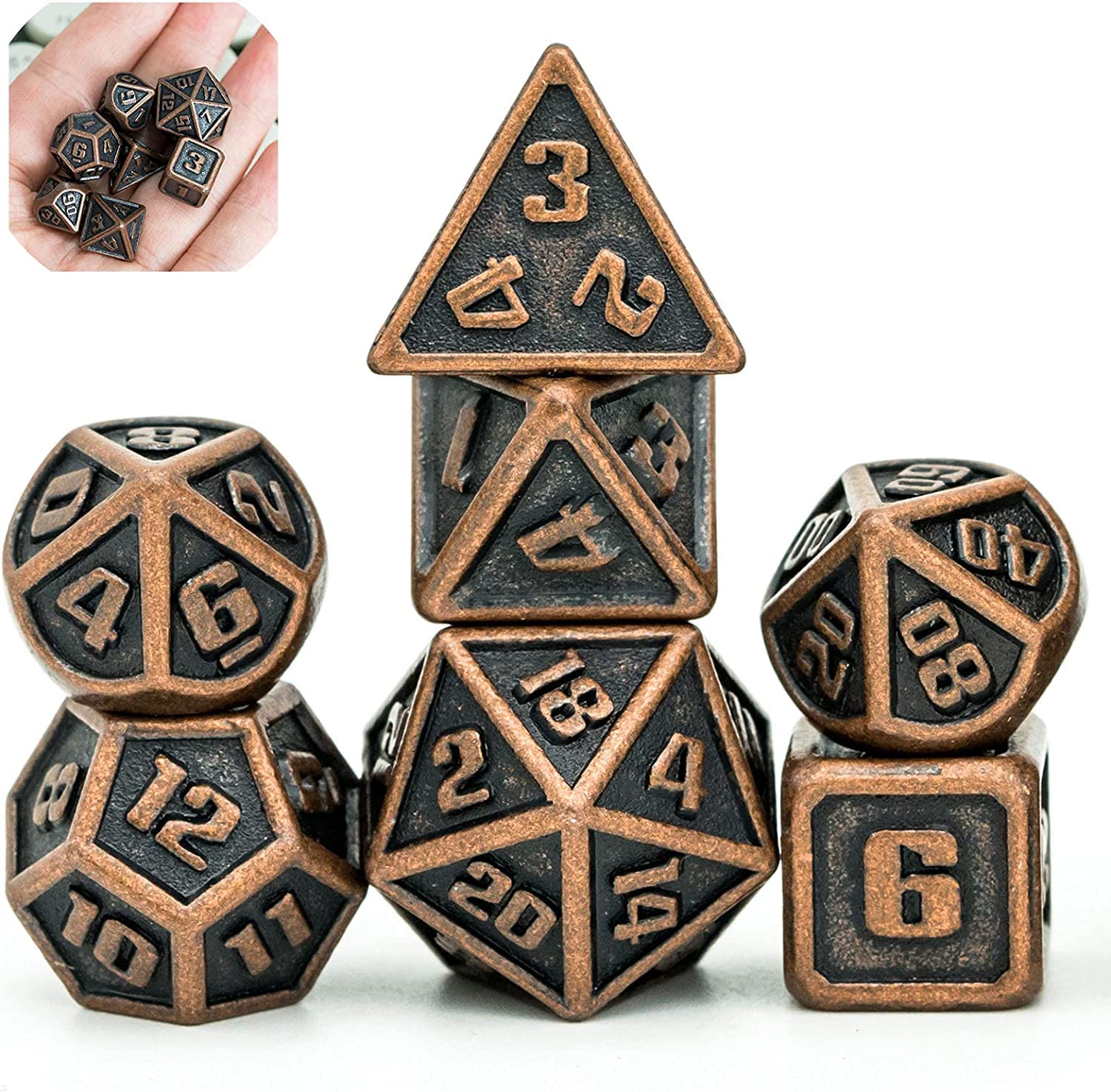 Cusdie Mini Metal Dice 10MM, 7 PCs Metallic DND Dice Set, Mini Polyhedral Dice Set, for Role Playing Game D&D Dice (Red Copper)
