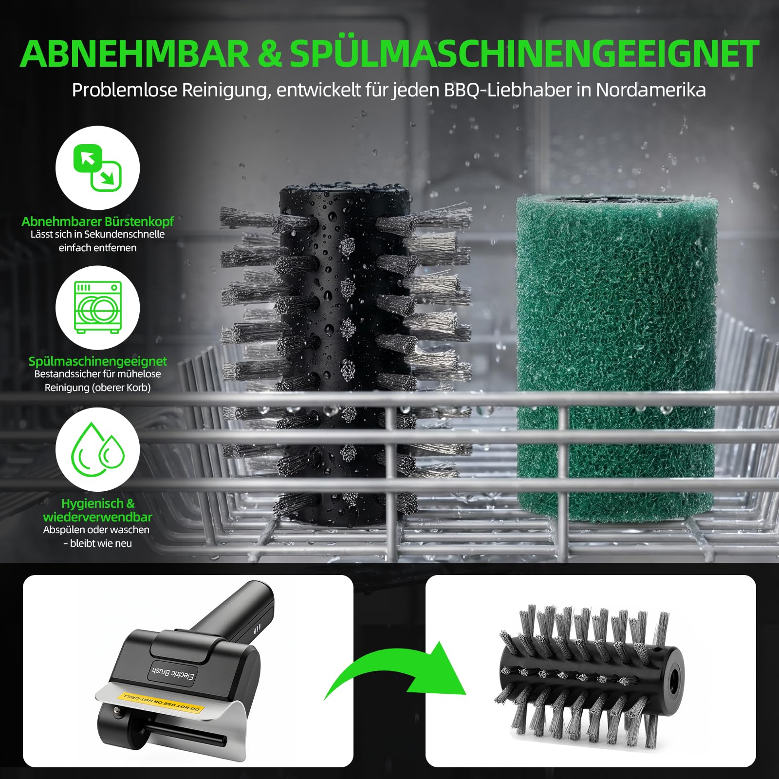 Elektrische Grillbürste, Wiederaufladbar Grillreiniger mit 2 Bürsten