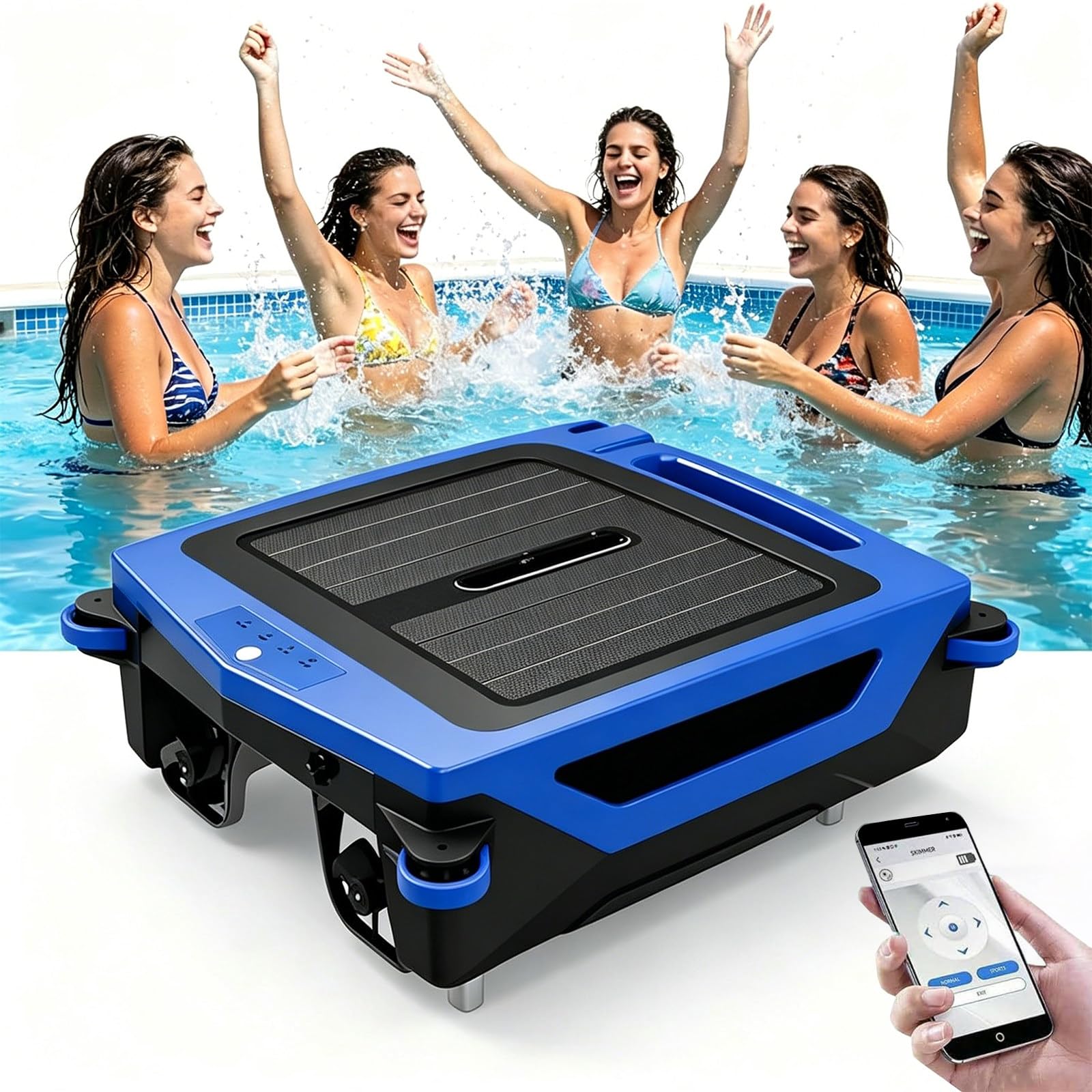 ZHIGUANYUN Robotic Pool Cleaner, Brushless Motor Auto Obstacle Avoidance Solar Charging Automatic Pool Skimmer， for Residential Pools Swimming Pool Cleaning Equipment Blue