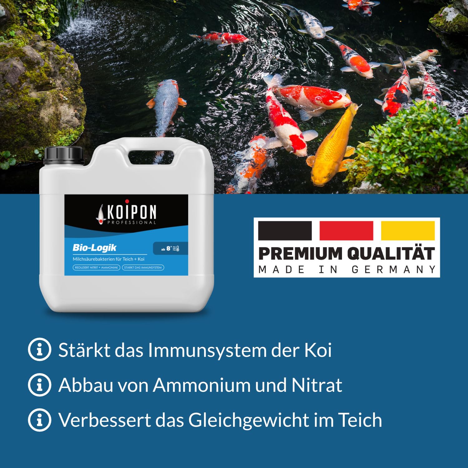 KOIPON Bio-Logik, Teich Milchsäurebakterien 5 l, Teich Bakterien zur Teichpflege vom Gartenteich & Fischteich | Reduziert Ammoniak, Nitrit und Algenwuchs