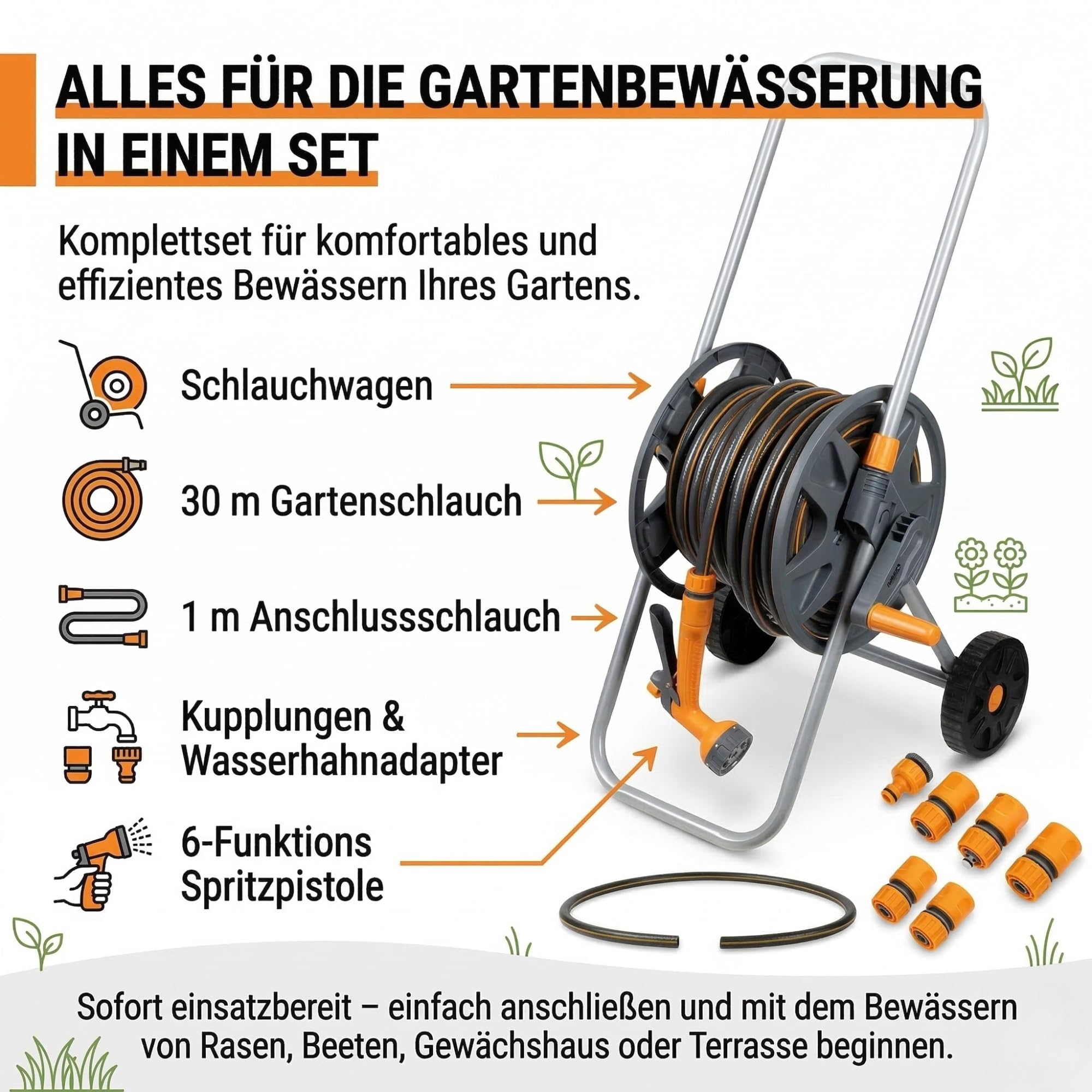 NEO TOOLS Mobiles Gartenbewässerungssystem Komplettset mit Schlauchwagen | 30 m Gartenschlauch 1/2 Zoll, 6-Funktionen-Gartenbrause, Für Rasen und Garten, PVC, UV-Beständig