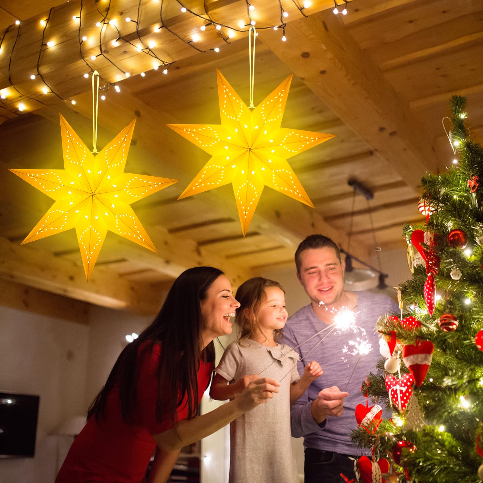 2 Stelle Di Carta Con Luci LED Da 45 Cm – Decorazioni Natalizie Pieghevoli, Bianche, Per Finestre, Albero E Matrimoni