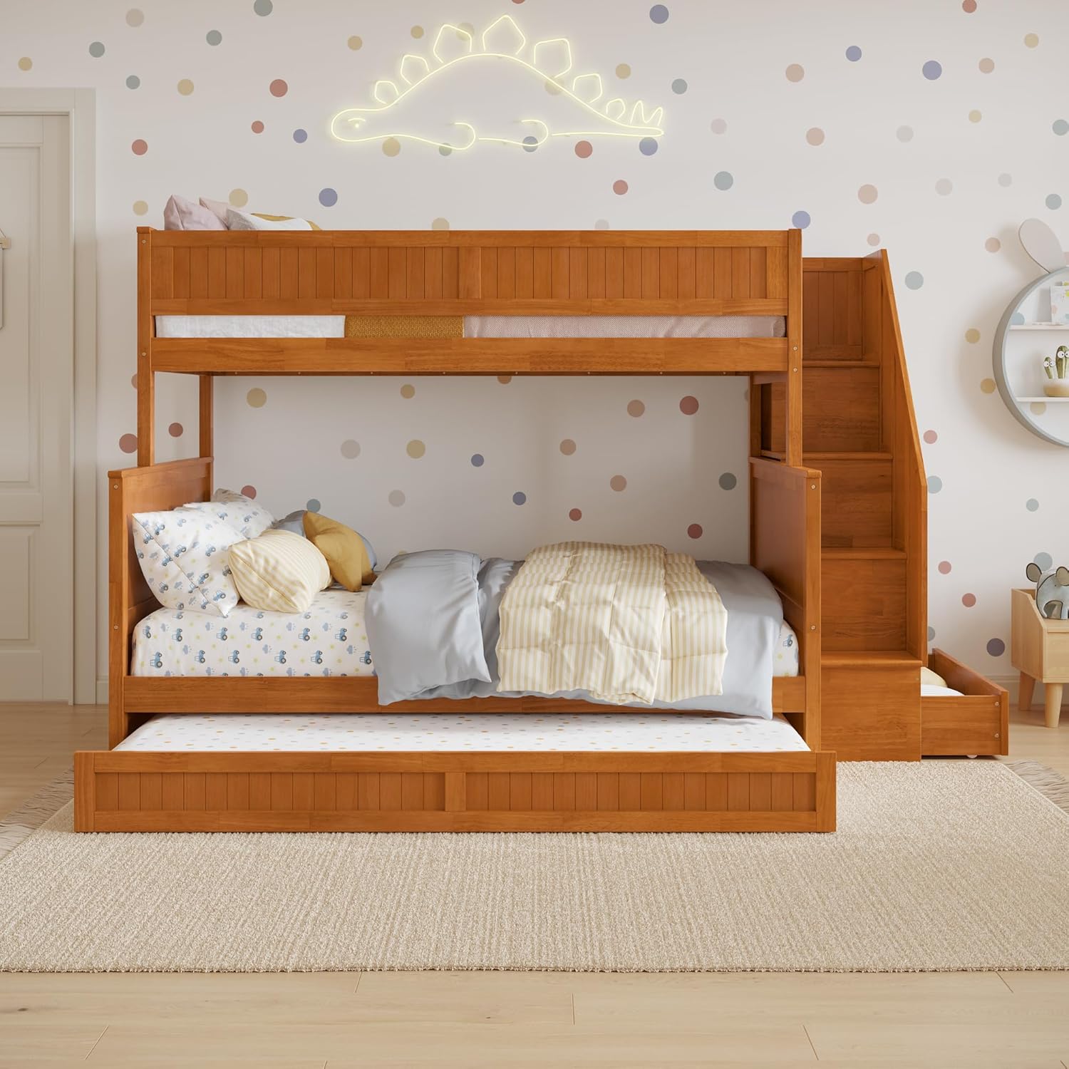 AFI, Dover Twin Over Full Staircase Bunk Bed with Storage Drawer and Twin Trundle, Light Toffee