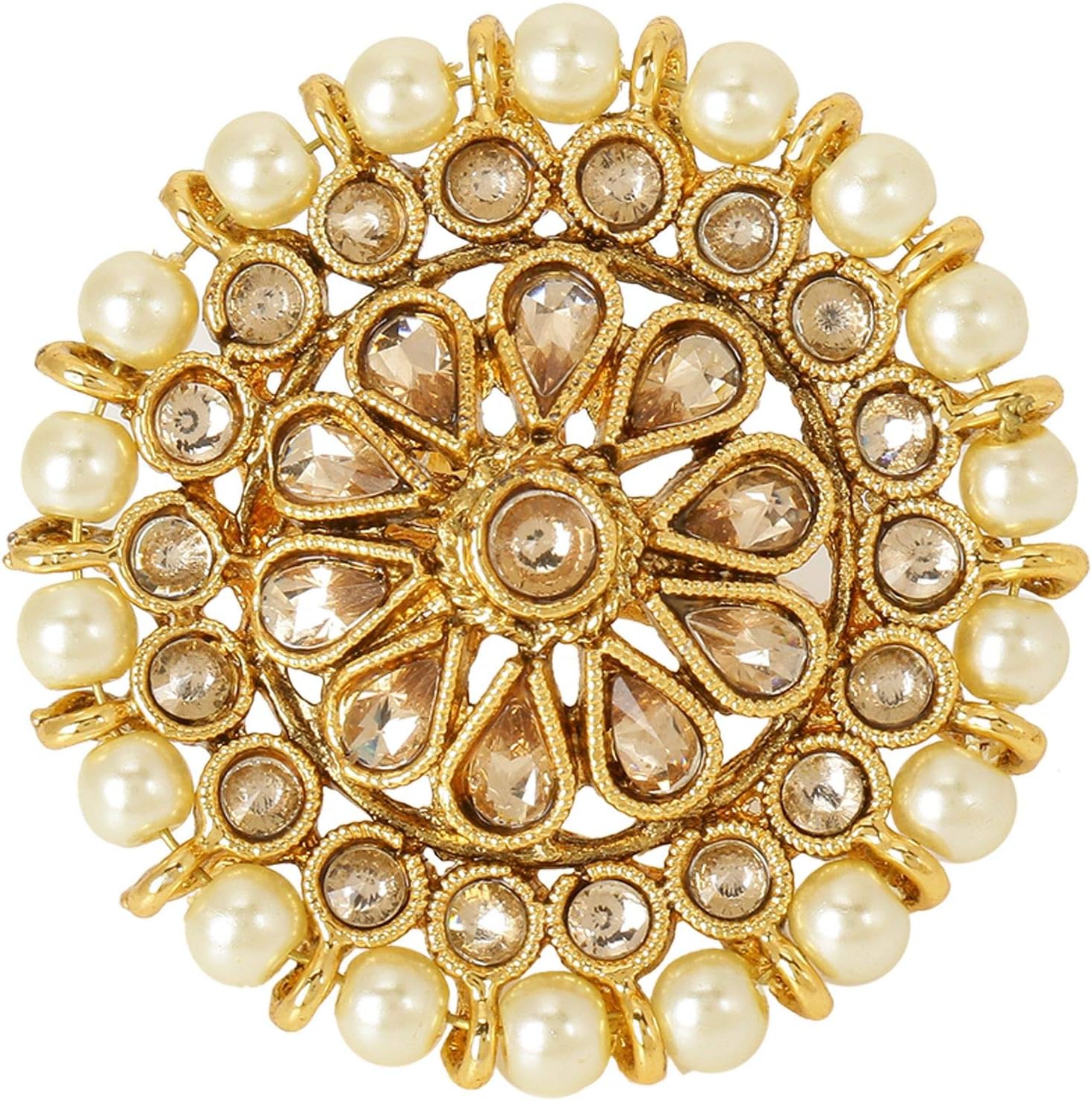 Efulgenz Indian Jewelry Rings Bollywood Rings Traditional Round Faux Pearl Crystal Kundan Adjustable Big Ring Finger Jewelry for Women