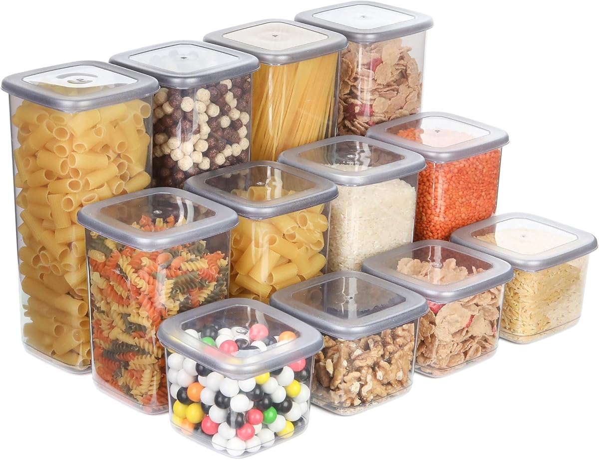 Storage Jars with Lid, Airtight, Set of 12 Storage Containers, BPA-Free, Storage Container for Cereal, Flour, Kitchen, Practical Organiser Kitchen, (12, 3 Square diff size)