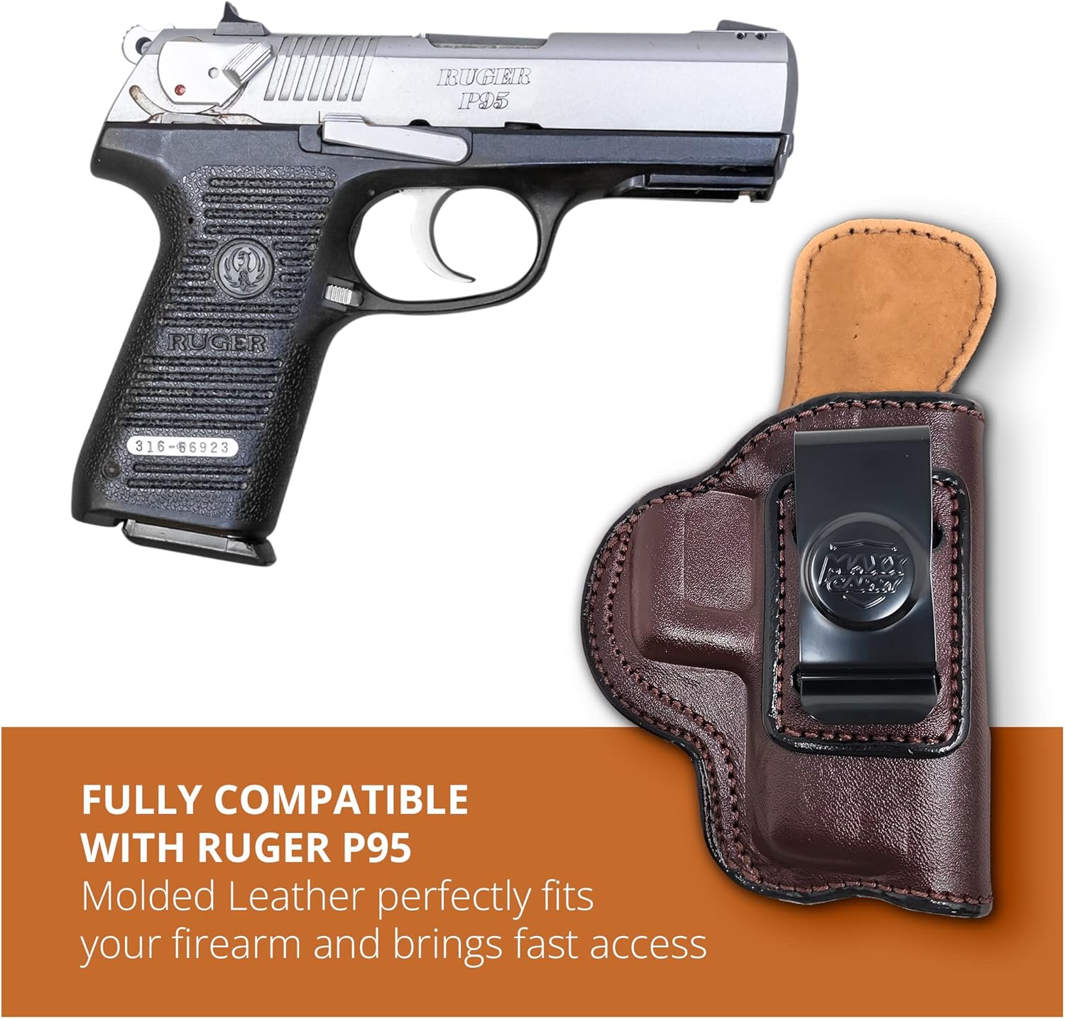 Genuine Leather Iwb Holster for Ruger P95 Pistol - Tactical Handgun Iwb Leather Holster Ruger P95 - Leather Concealed Carry Holster - Comfortable Appendix Everyday Carry - Maxx Carry Holsters by PH