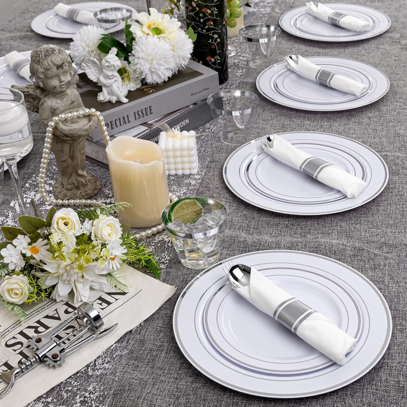 WELLIFE 350 Piece Silver Dinnerware Set - Disposable Plates & Cutlery -6
