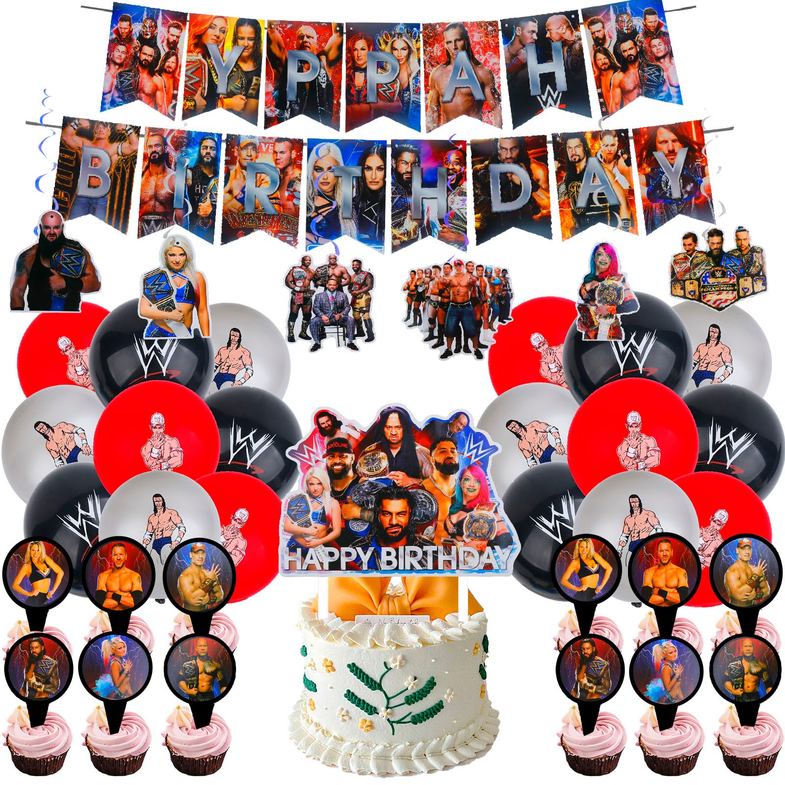 Wrestlinss Birthday Party Decorations Supplies for Kids Adults, Happy Birthday Decorations with Banner, Balloons,Spirals,Cake Topper, Cupcake Toppers