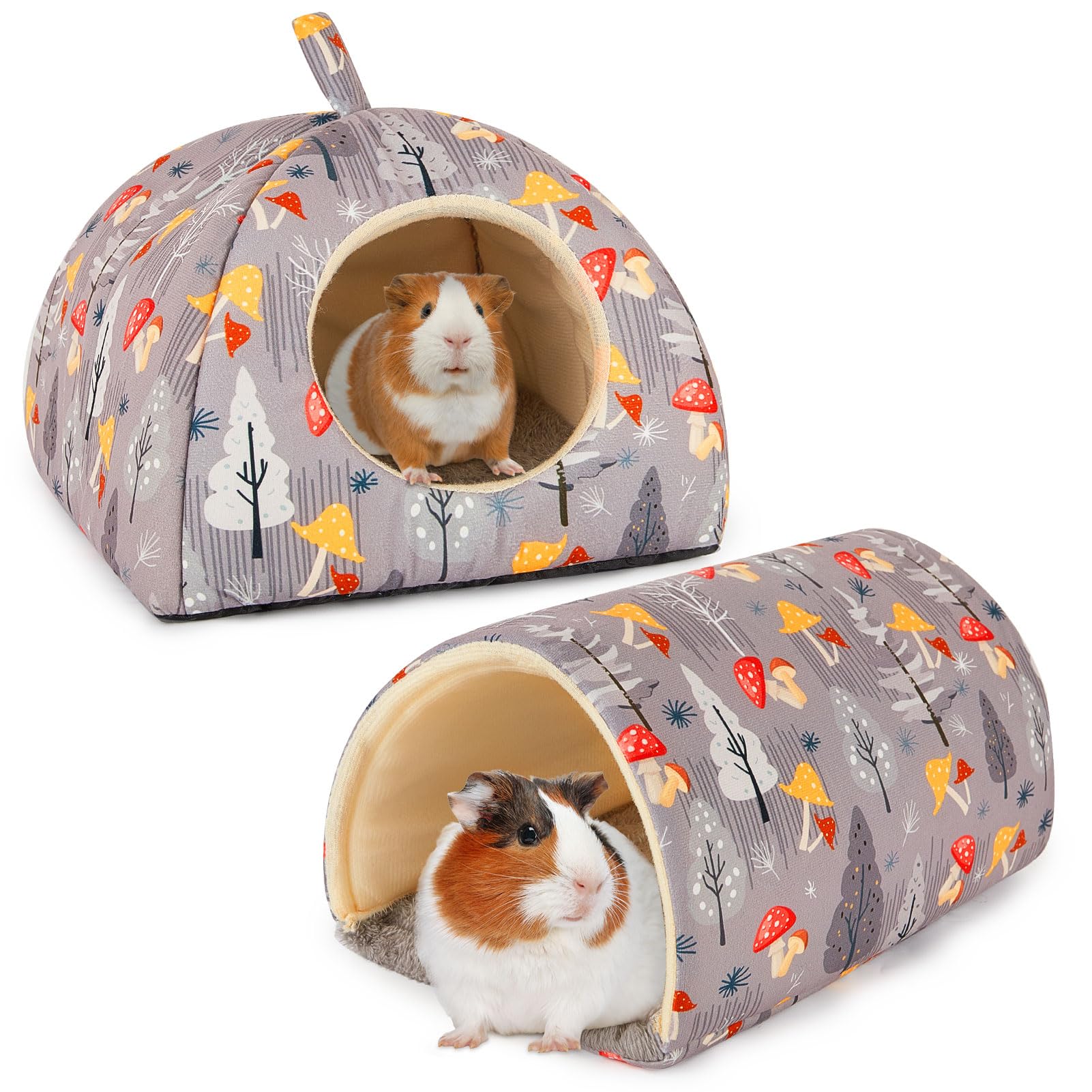 BienbeeGuinea Pig Hideout, Rabbit Bed with Guinea Pig Tunnel, 2 Pack Guinea Pig Toys Set Guinea Pig House Rabbit Hideout Guinea Pig Accessories for Hamster Ferret Rabbit Bunny Gray Mushroom
