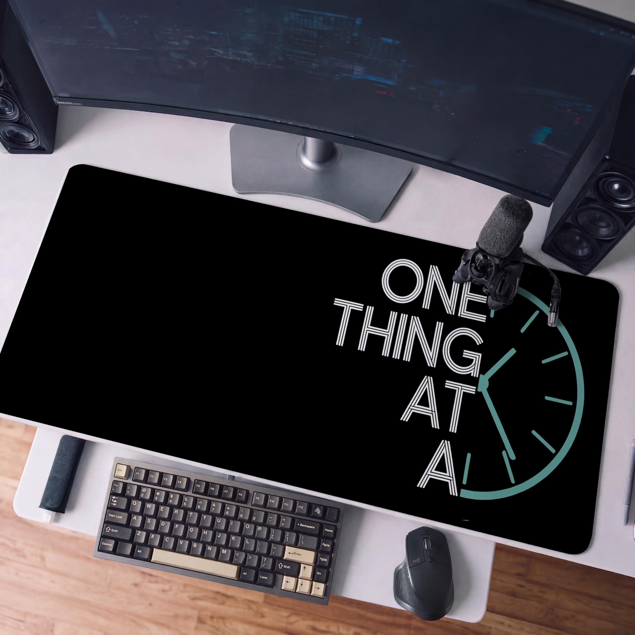 SoulAbiti One Thing At A Time Gaming Mouse Pad, 36 x 16 Inch XXXL Extended Desk Mat for Keyboard & Mouse, Black Cyan Productivity Deskpad, Non-Slip Rubber Base, Stitched Edges