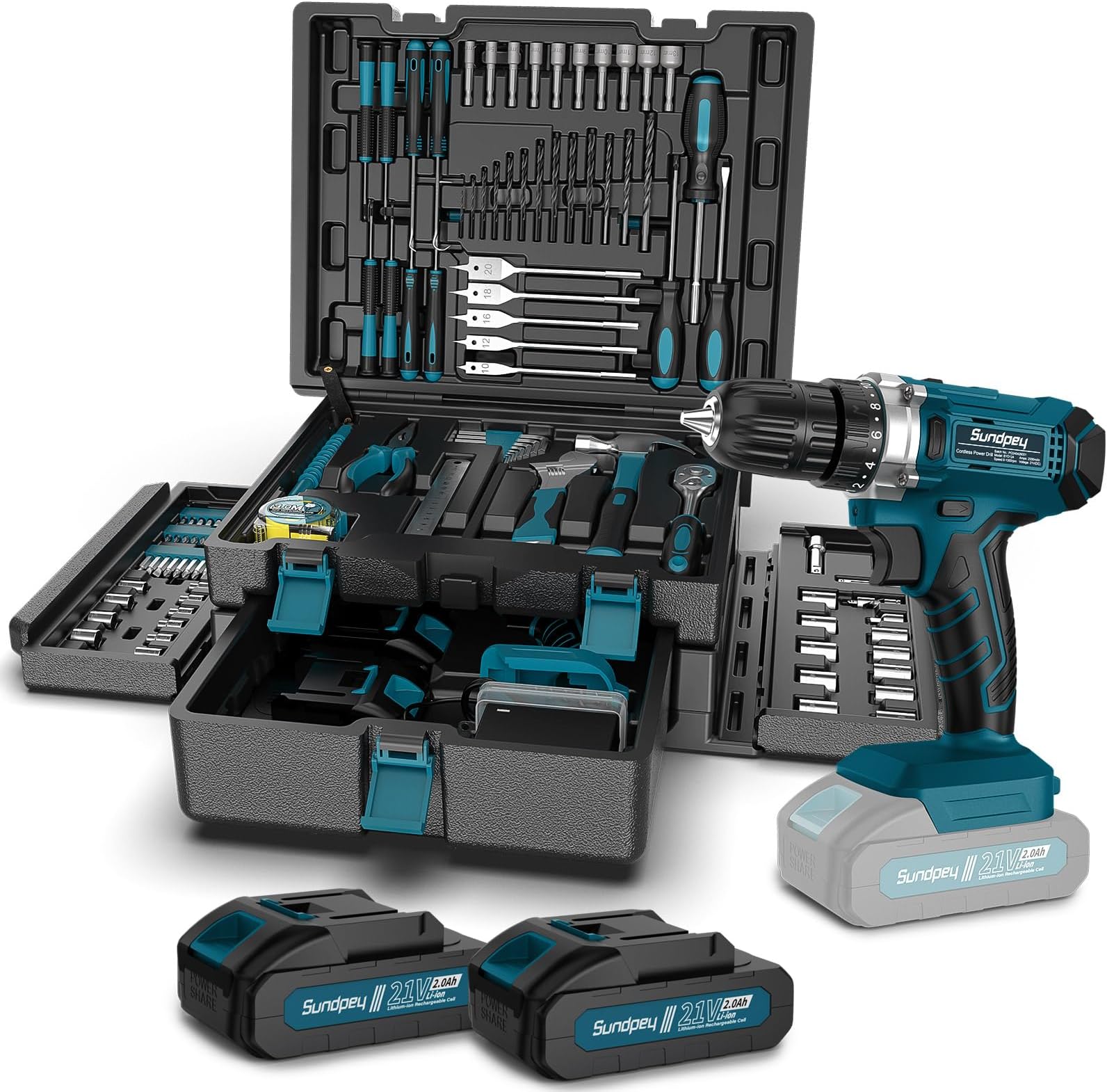 Tool Kit with 21V Cordless Drill - Sundpey 255-PCs Portable Complete General Basic Home and Auto Repair Tool Set with Drawer for Handyman & Diyer & Homeowner - Power Drill with 2 x 2.0Ah Batteries