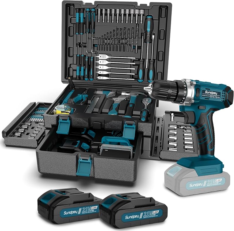 255-PC Portable Home and Auto Tool Kit Set with 21V Cordless Drill | with Drawer Storage Case, 2x2.0Ah Batteries,Mechanic Set, for Handyman & Men Women, for Household House Garage Apartment Dorm