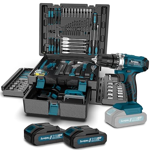 Tool Kit with 21V Cordless Drill - Sundpey 255-PCs Portable Complete General Basic Home and Auto Repair Tool Set with Drawer for Handyman & Diyer & Homeowner - Power Drill with 2 x 2.0Ah Batteries