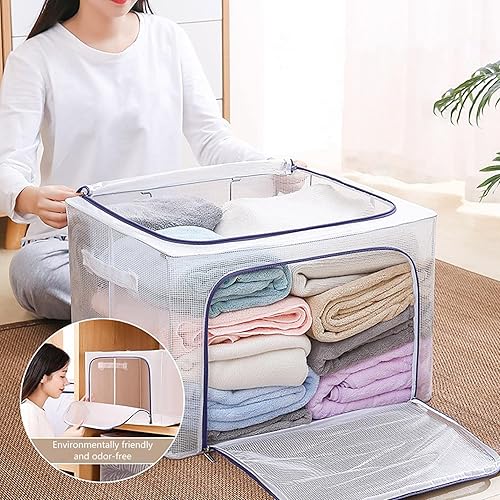 Miniatura 2 de Contenedores de almacenamiento de ropa, caja de almacenamiento plegable con marco de metal, juego organizador apilable de 24 litros con ventana