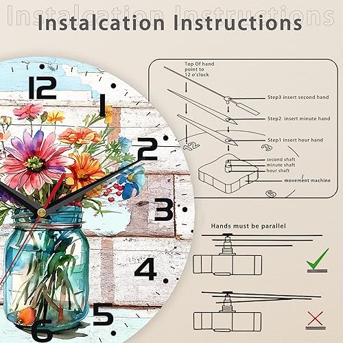Miniatura 4 de Reloj de pared con flores de primavera de acuarela, vintage de madera, silencioso, sin tictac, que funciona con pilas con números arábigos, Acuarela