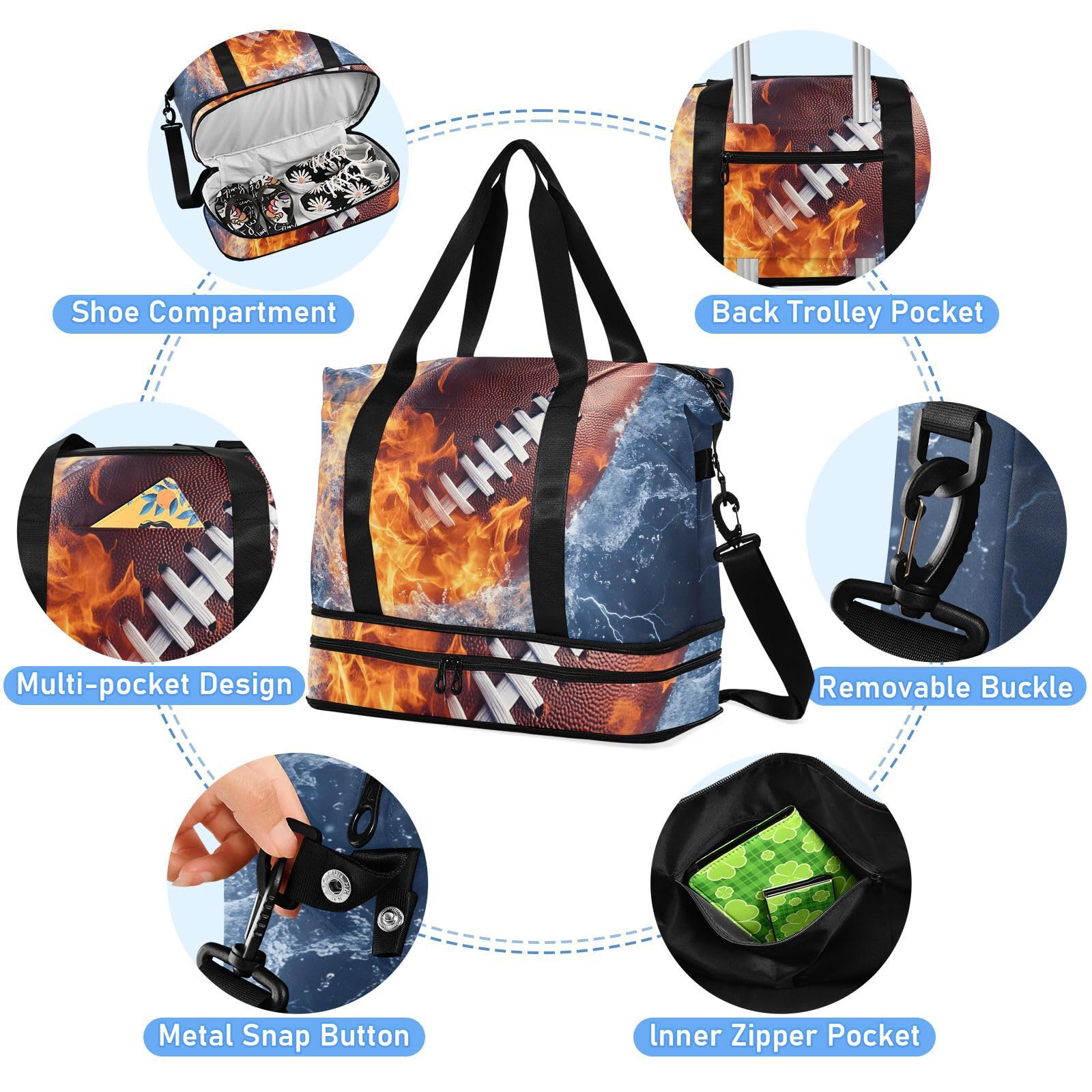 Borsa sportiva impermeabile – Fire American Football grande capacità borsone con scomparto asciutto bagnato e scarpiera, borsa da viaggio per yoga, nuoto, viaggio, allenamento, fitness