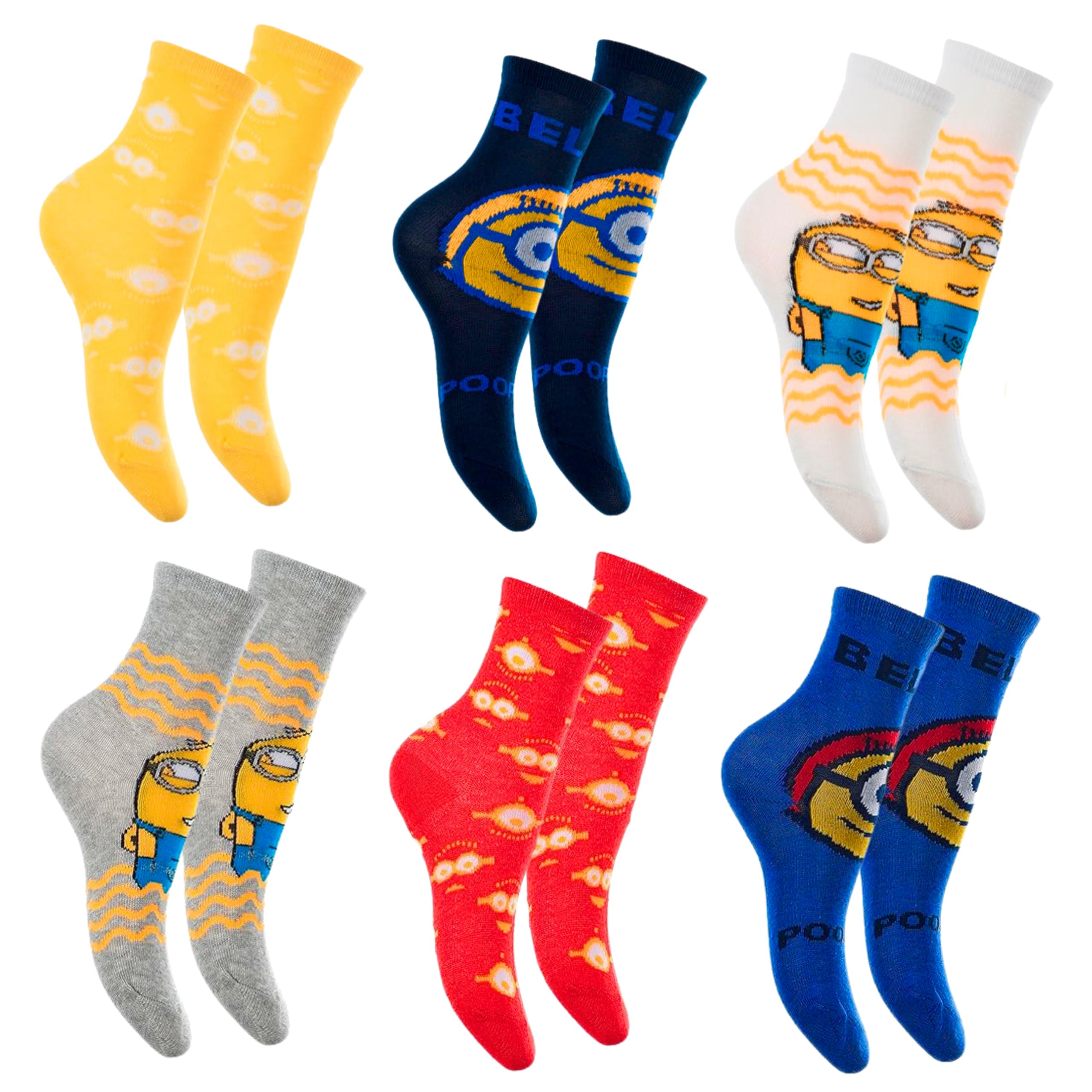 Minions Boys Multicoloured Children's Socks, Design Set Of 6 Classic Cotton Socks, Sizes Eu 23 To 34, 23-26