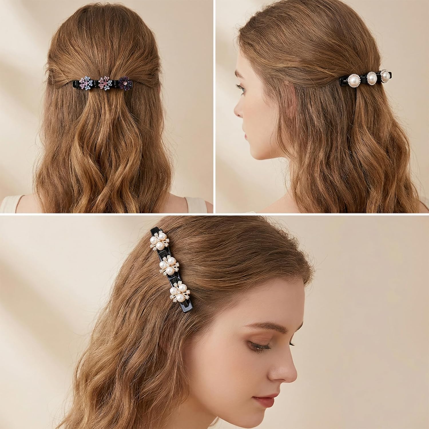 8 Pcs Braided Hair Clips Double-Layer Flower Pearl Sparkling Crystal Stone Clips For Styling Partitions, Decorative Rhinestone Hair Accessories for Women Girls with 3 Small Flowers Pearl - Image 7