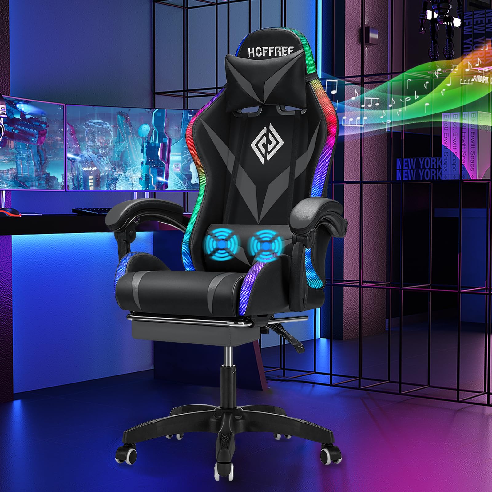 HOFFREE Gaming Chair Massage with Bluetooth Speakers and Led Lights Ergonomic Computer Gaming Chairs with Footrest RGB Video Game Chair with High Back Lumbar Support Grey and Black