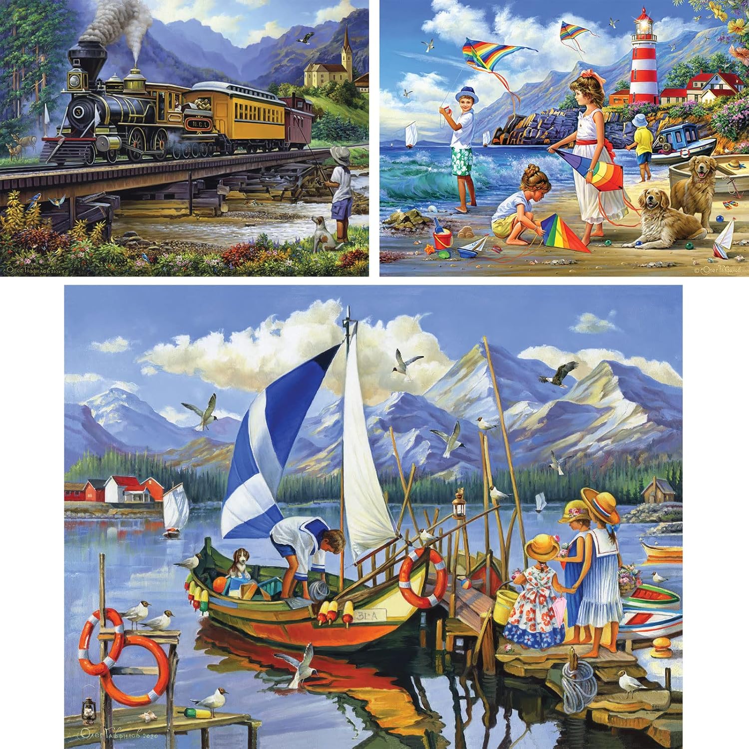 Bits and Pieces – Value Set of Three 300 Piece Jigsaw Puzzles for Adults – Old Steam Train, Flying High, Bon Voyage Jigsaw Puzzles by Artist Oleg Gavrilov, Completed Puzzle Size: 18" x 24"