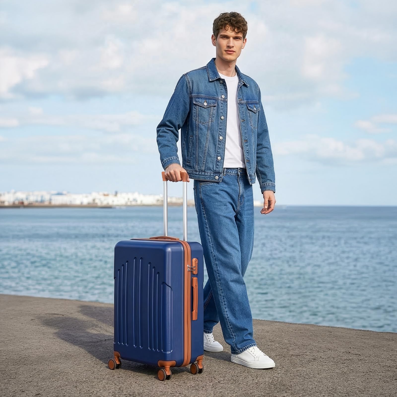 LEADZM Valise Cabine Rigide en ABS Léger, Bagage Cabine 55x35x25, Valise Soute Suitcase de Voyage avec 4 roulettes Spinner (Marine-Brun, M/55cm)
