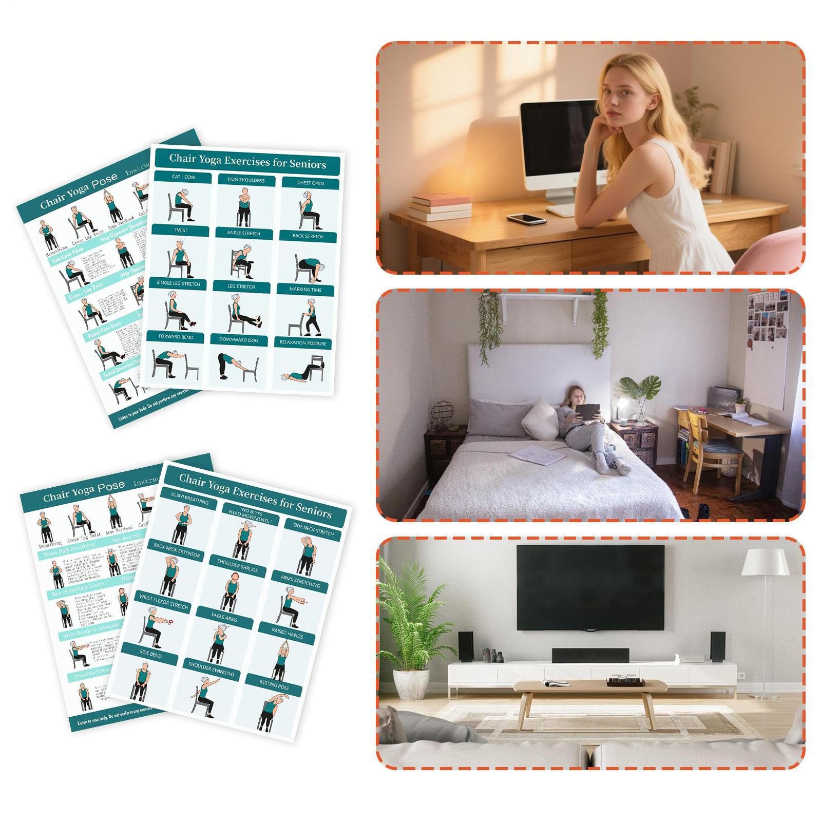 Stuhl Yoga Poster, Stretching Pose Karten, Fitness Wandkunst mit 4 Stück, Übungsanleitung Display mit visuellen Anweisungen, Home Gym Dekor, für Anfänger, Frauen, Männer, Fitness, Flexibilität