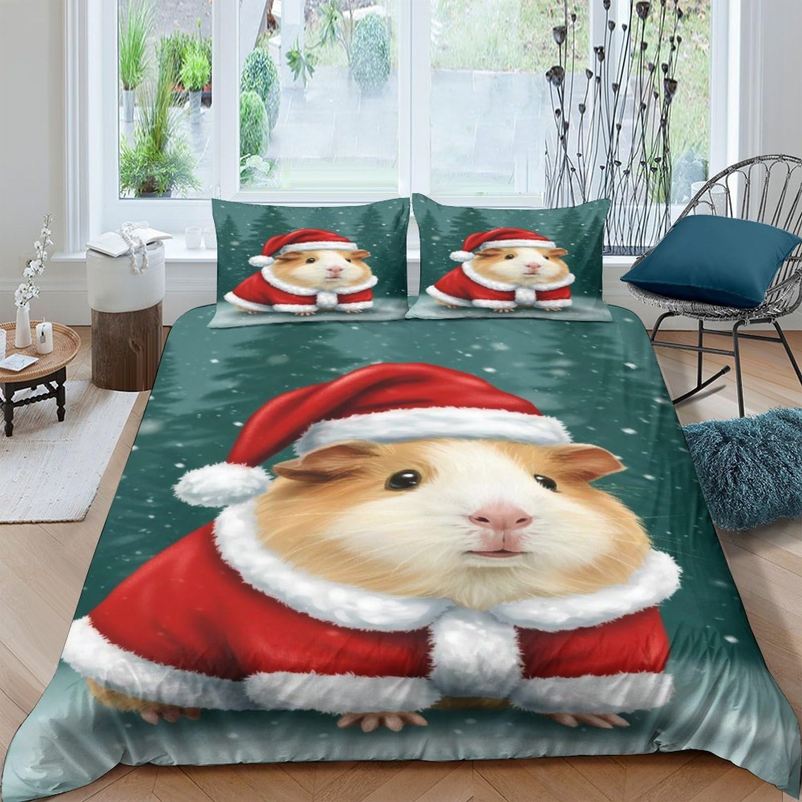 Ctjqhvkz Style-6 3D Printed Christmas Guinea Pig Fitted Sheet Microfiber Soft Green Santa Bed Cover For Bedroom Dorm Guest Room Decor Single（135X200cm）