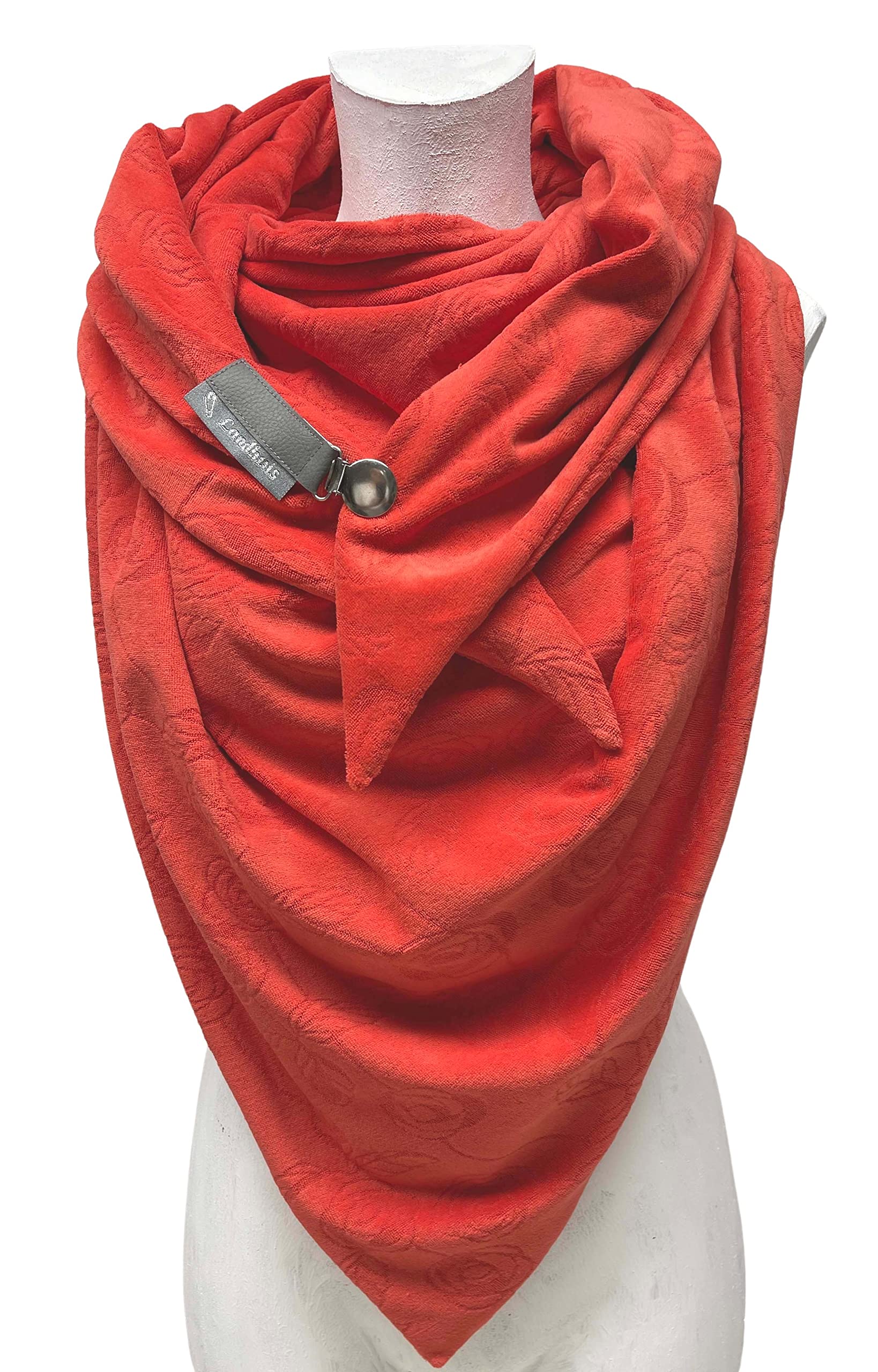 handmade - Handgefertigtes Dreieckstuch in rot aus Baumwoll-Nicki – mit Rosenmuster & Clip-Verschluss – romantisches Tuch für Damen