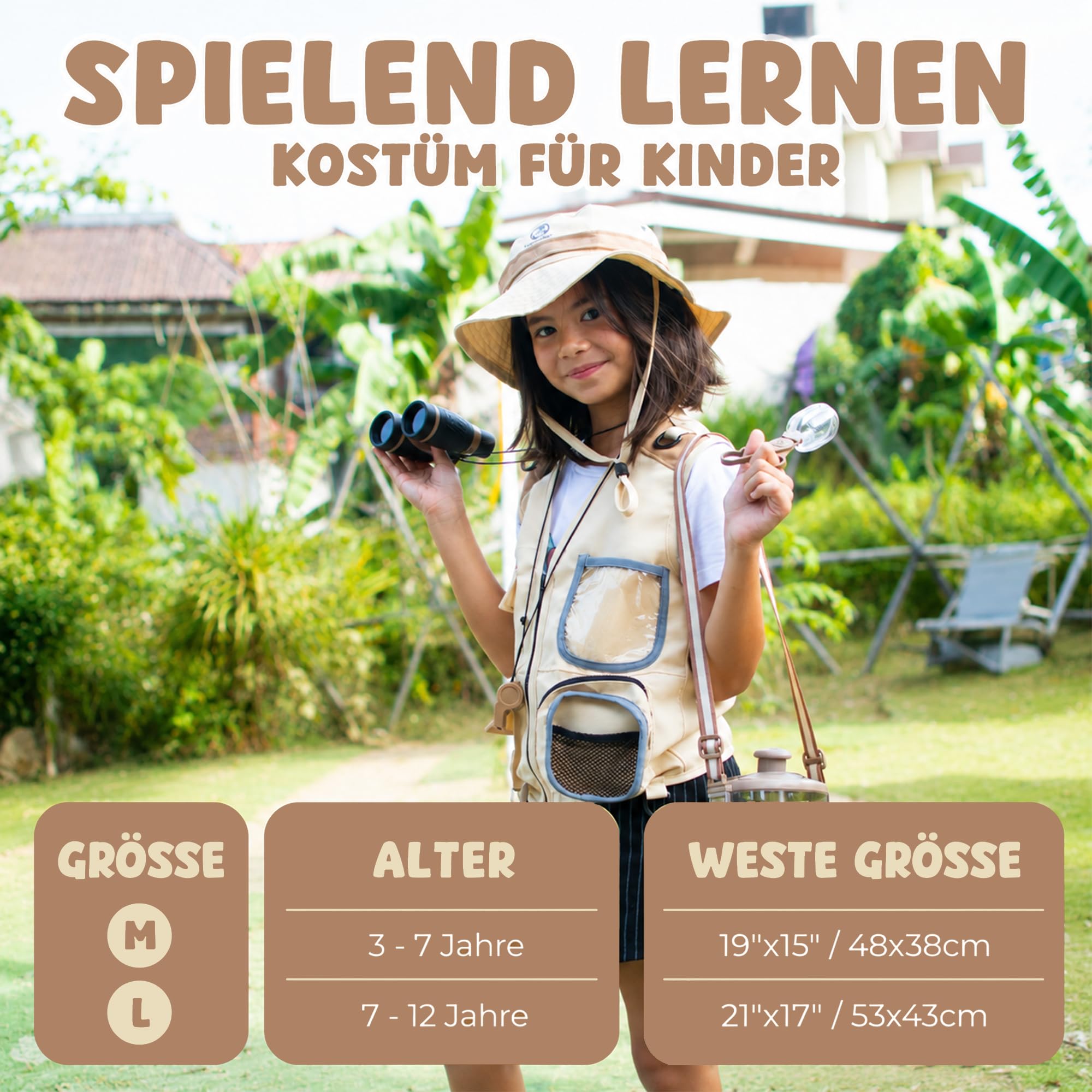 Entdecker Set Für Kinder ab 4 - Forscherset Für Kinder mit Safari Kostüm, Fernglas, Becherlupe & Mehr - Pfadfinder Ausrüstung - Outdoor Spielzeug für Jungen Mädchen 3-7 Jahre (Medium)