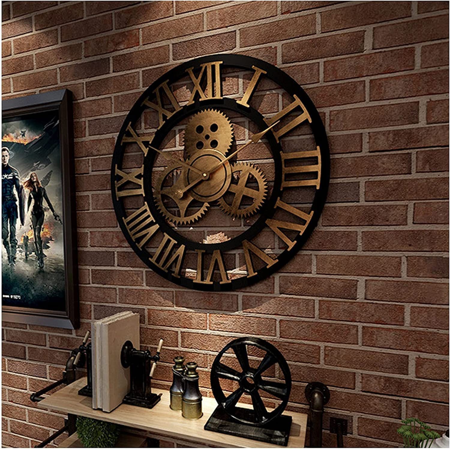Cichy Zegar ścienny Z Cyframi Rzymskimi, Duży Zegar Bez Tykania, Dekoracyjny Zegar W Stylu Vintage, Wykonany Z Litego Drewna (Black gold 45 cm)
