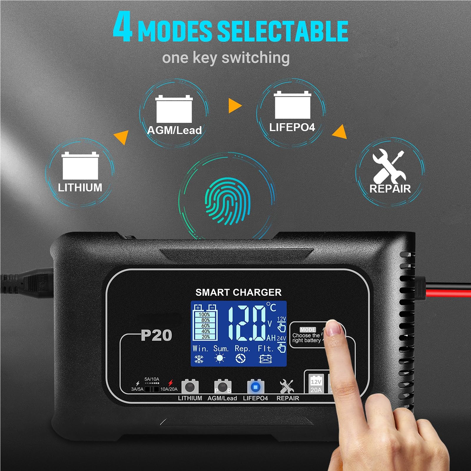Cargador y mantenedor de batería inteligente de 12V/24V y 20 A con reparación por pulsos Cargador de 4 modos LiFePO4/AGM/Plomo-Ácido para coches,motos,vehículos marinos y cortacéspedes,invierno/verano