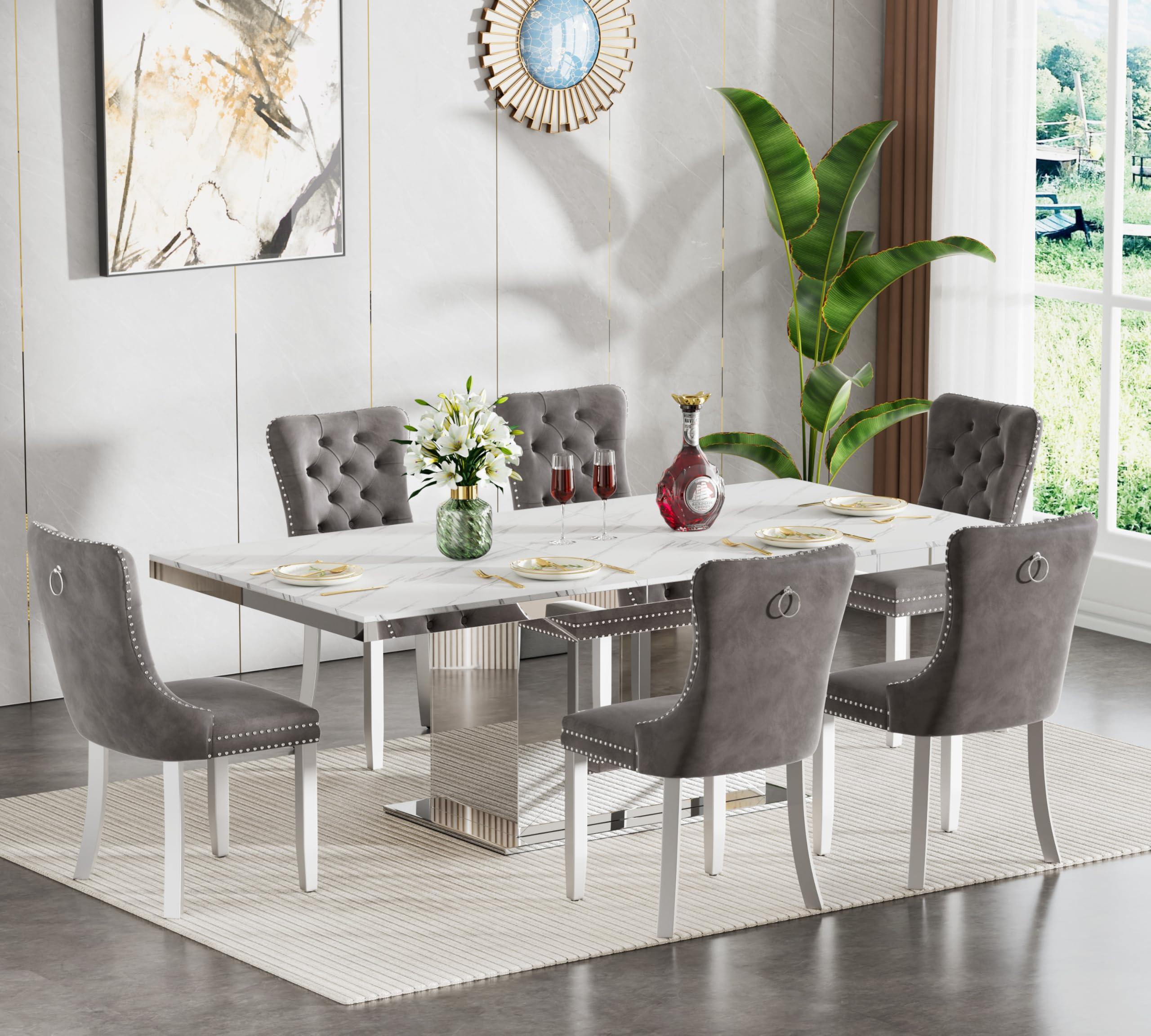 7 Pieces White Faux Marble Extendable Dining Table Set, 63"-94" Rectangular Expanding Kitchen and Dining Room Table Set for 6 with Mirrored Acrylic Base &amp; Grey Velvet Upholstered Chairs
