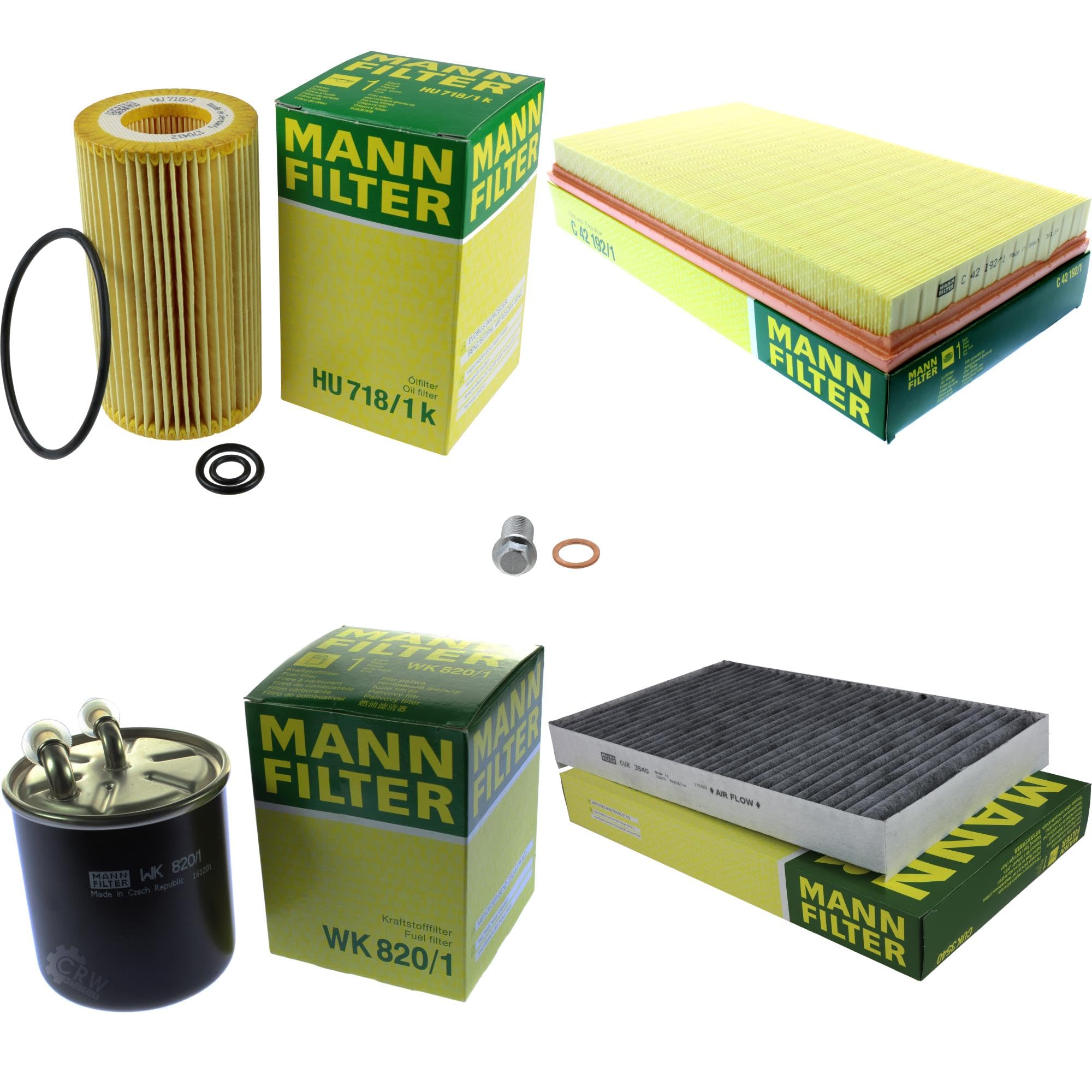 Paquete de inspección Kit de mantenimiento de filtros con filtro de aceite HU 718/1 k, filtro de aire C 42 192/1, filtro de combustible WK 820/1, filtro de habitáculo CUK 3540, tornillo de