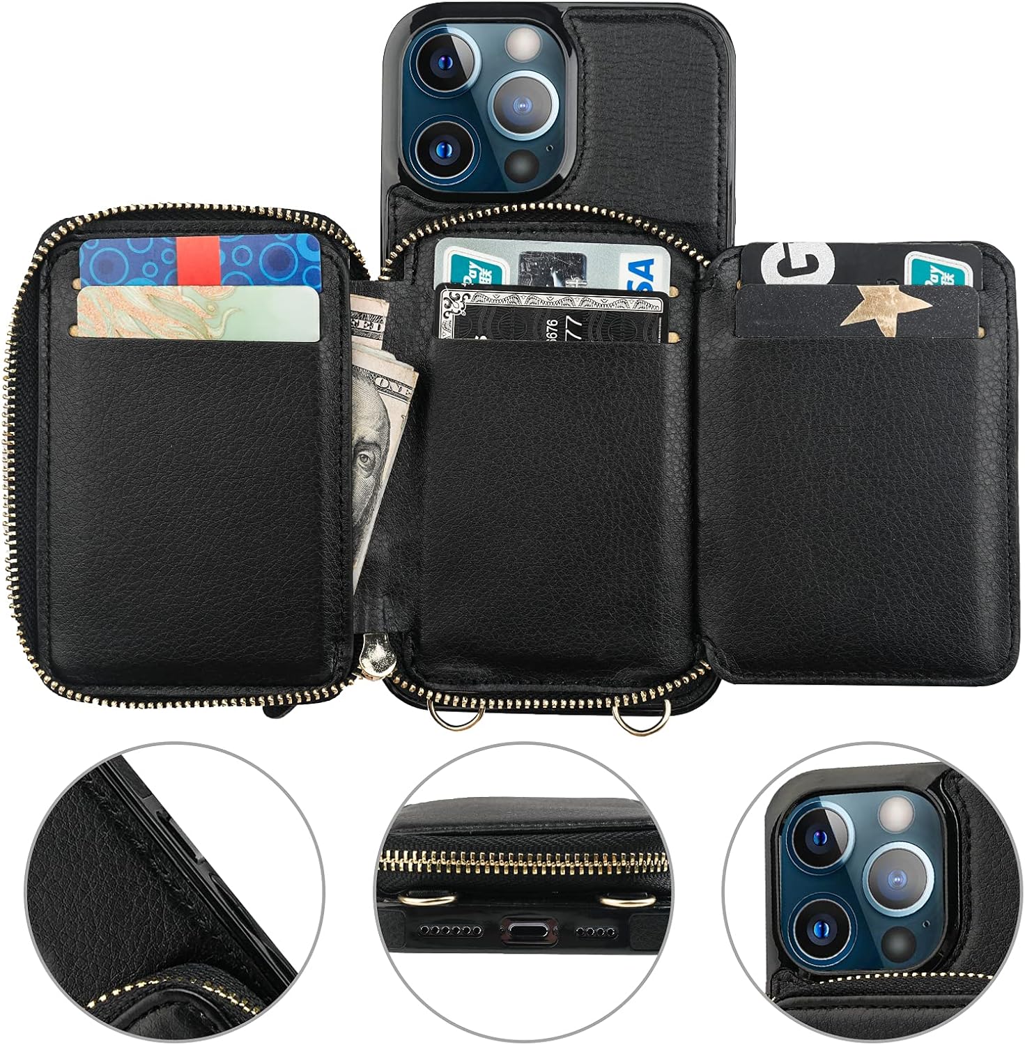 Bocasal RFID Blocking Wallet Case for iPhone 12 Pro Max, Adjustable Crossbody Zipper Purse with Kickstand and Detachable Wrist Strap, PU Leather Flip Folio Case 6.7 Inch 5G (Black) - Image 9