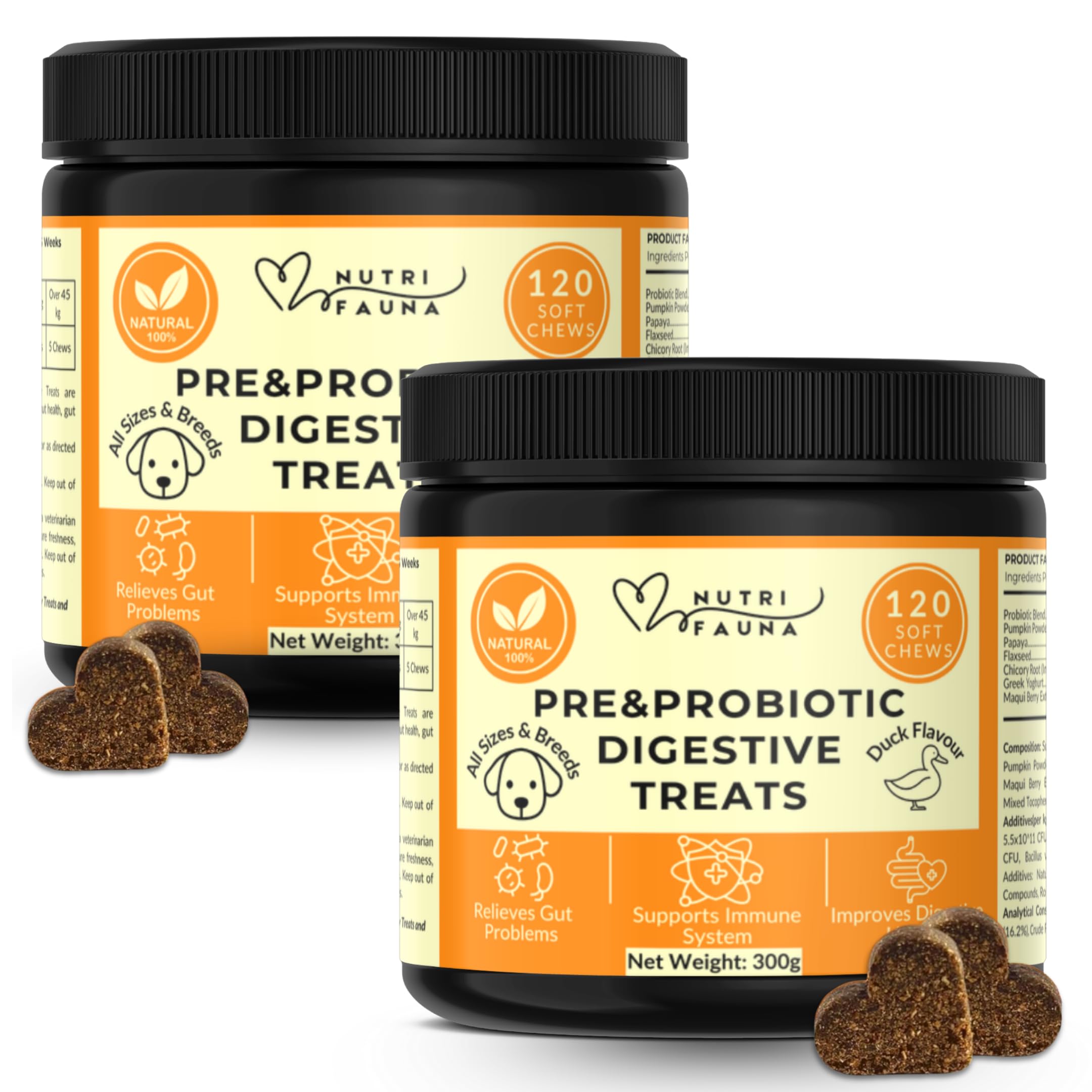 Nutri Fauna Pre&Probiotic Digestive Treats For Dogs - Gut Health, Sensitive Tums, Anal Glands, Scooting, Loose Stools All Breeds Dogs -120 Chews (Value-2 Pack)