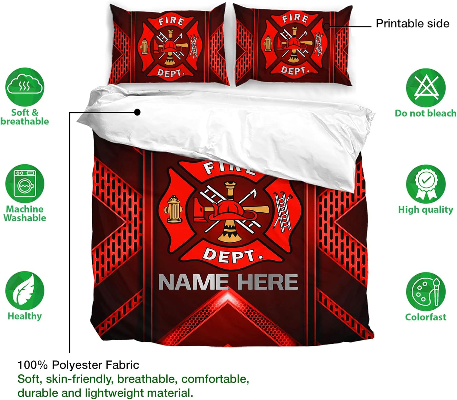 OhaPrints Personalized Firefighter Duvet Cover, Firefighter Thin Red Line Flag Back The Red Bedding Set & Pillowcases, Custom Name Soft Lightweight Twin Full Queen King Comforter Cover Bed Set