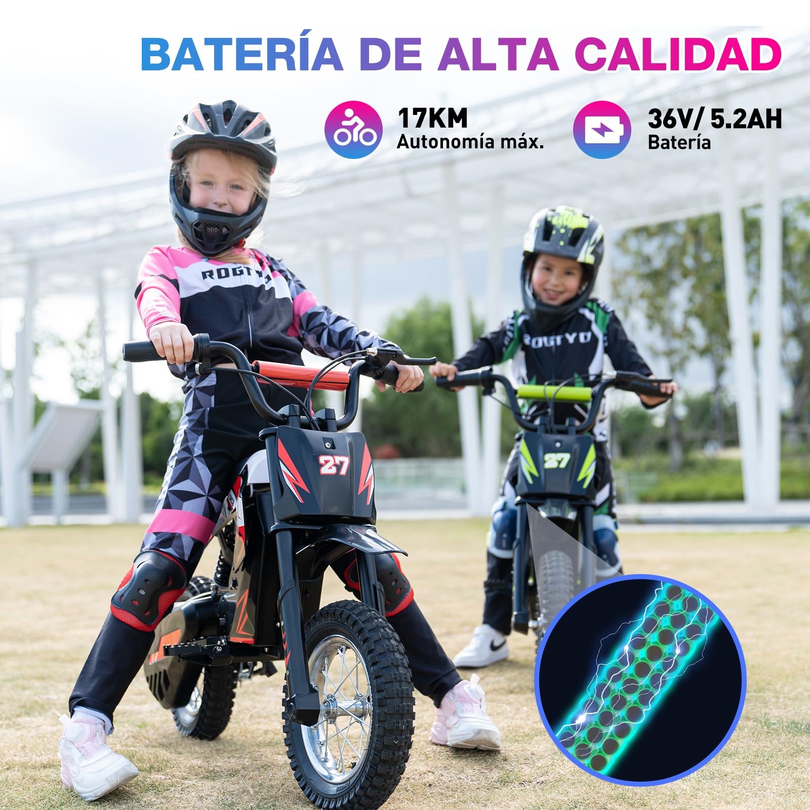 RCB R9X Moto Eléctrica Infantil, Neumáticos de 12 Pulgadas, Potente Motor, 3 Modos 8/12/25KMH, Autonomía máxima 17KM, Batería de 5,2 Ah, Motocross para niños 6+ años