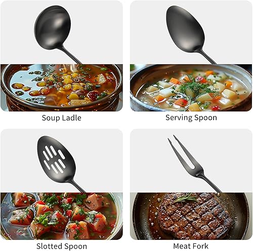 Miniatura 4 de Juego de utensilios de cocina de acero inoxidable 304 mate, 11 piezas de utensilios de cocina de metal largo con espátula, cucharón, cucharón,