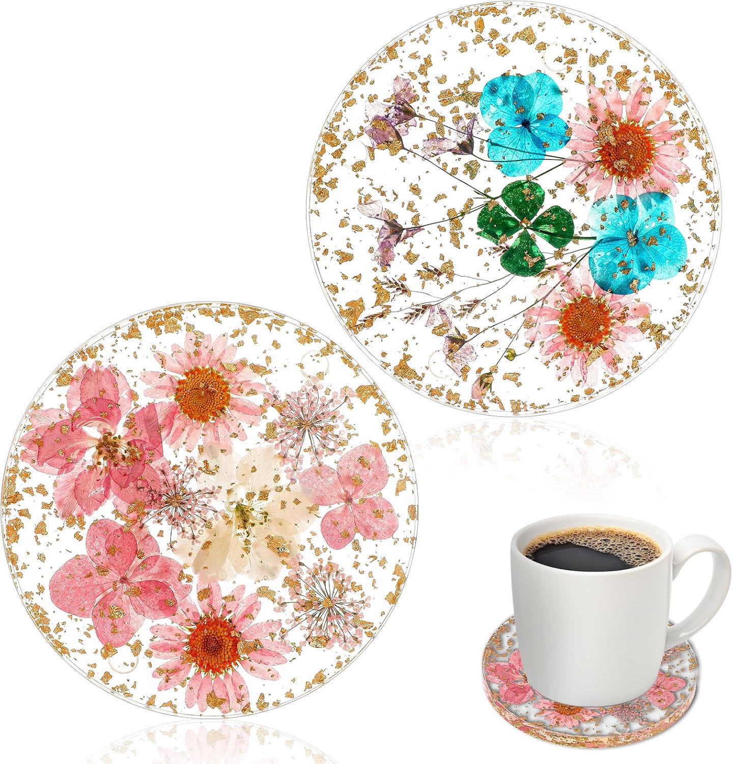 2pcs Dried Flower Drink Coasters, Flower Resin Drink Cup Mat Reusable Floral Round Cup Holder Non-Slip Car Coasters for Tabletop Protection Coffee Table Home Decor(Style A)
