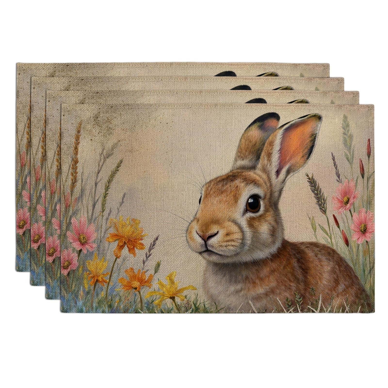 Rabbit in Floral Field Placemats, Brown Vintage Botanical Place Mats for Dining Table, Spring Seasonal Non-Slip Washable Indoor Outdoor Kitchen Party Decorative Placemat Set of 4