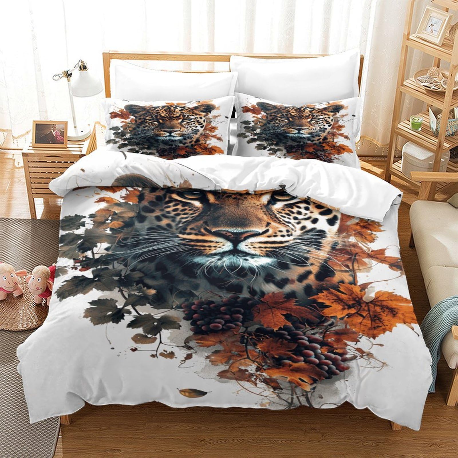 P1s9u7w5y Flower Jaguar Wild Jungle Leopard 3D Printed Duvet Cover Set 3Pcs Microfiber Animal Bedding Set Double（200X200cm）