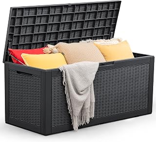 Homall 100 Gallon Large Resin Deck Box Waterproof Outdoor Storage with Padlock Indoor Outdoor Organization and Storage Container for Patio Furniture Cushions, Pool Toys, Garden Tools (Black)